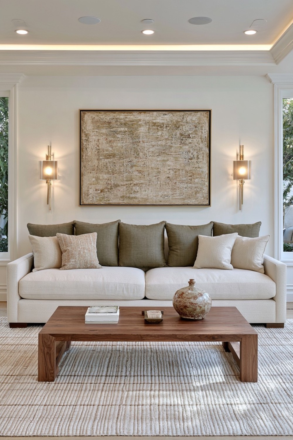 Neutral sofa styled with contrasting colored back cushions