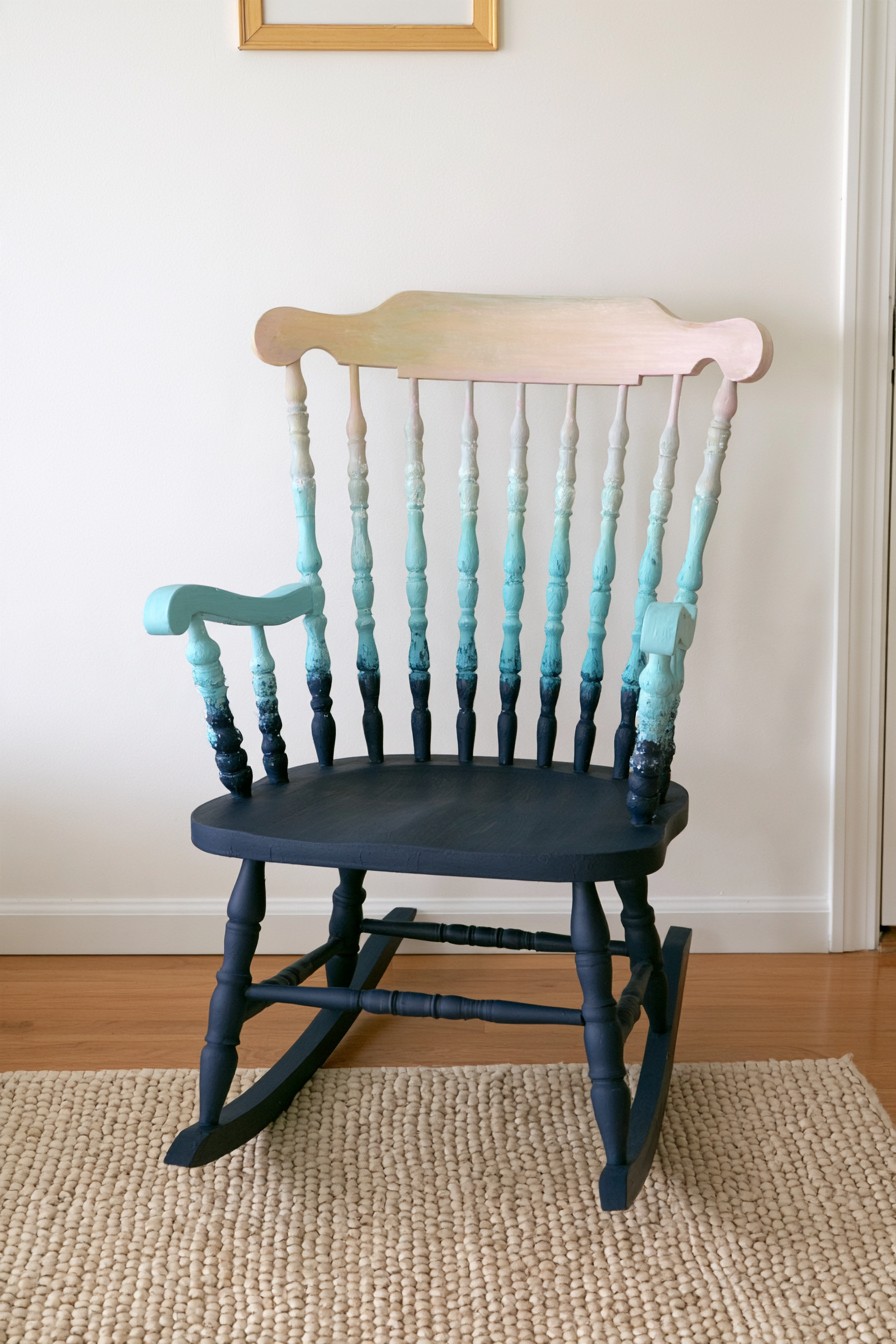 Rocking chair with navy turquoise aqua and blush ombre painted spindles
