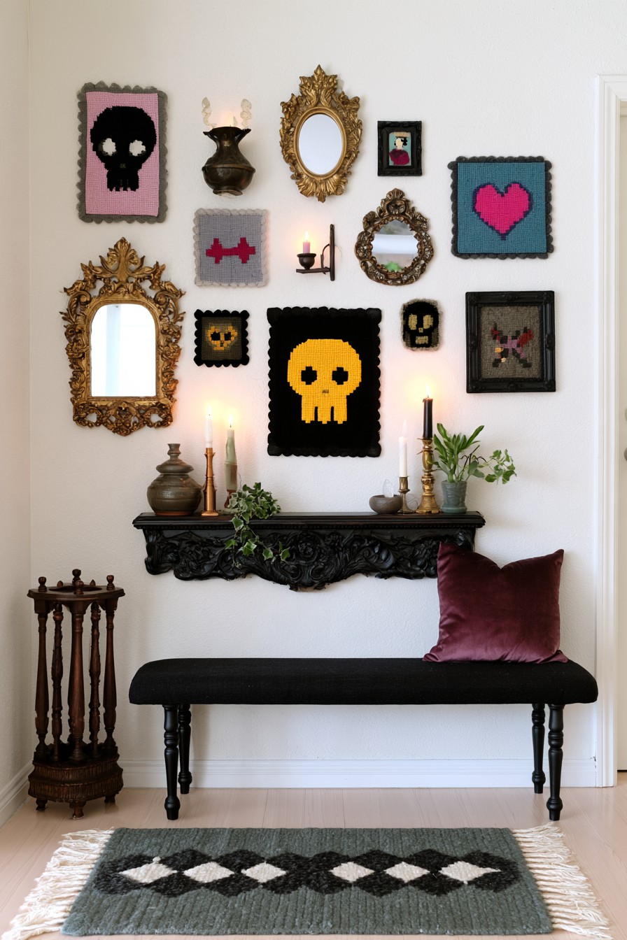 Black entry bench under gold mirrors and colorful skull textile art, with a wall shelf, umbrella stand, and patterned rug
