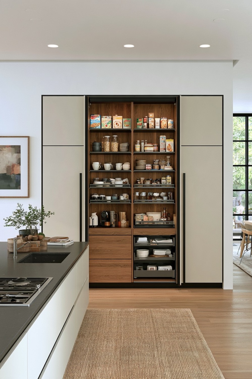 Organized breakfast cabinet containing frequently used morning supplies