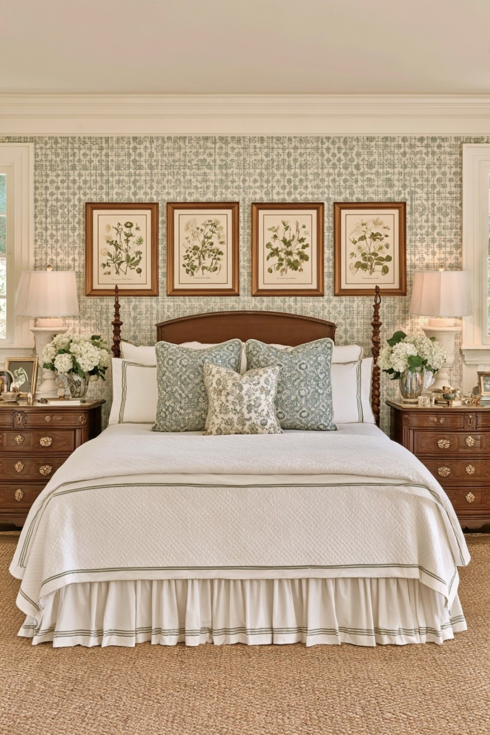 Antique-style botanical prints displayed in matching bedroom frames