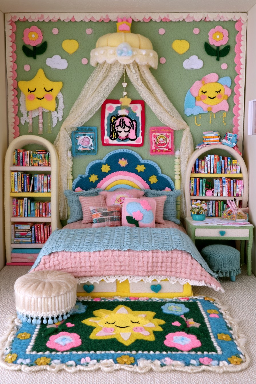 Storybook princess bedroom with pastel textiles and bed canopy
