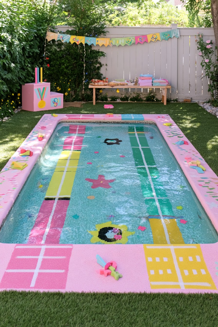 Rectangular pool with colored lane-style graphics, flags, and a medal-themed display