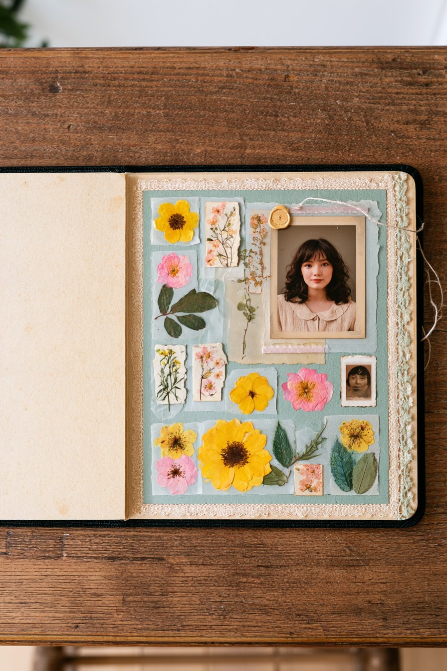 Botanical portrait collage with pressed flowers