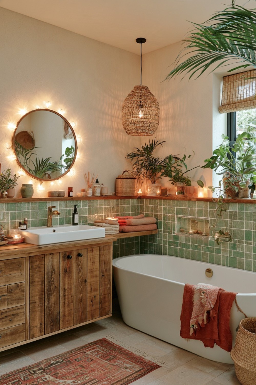 Low open shelf providing storage beside a boho bathtub