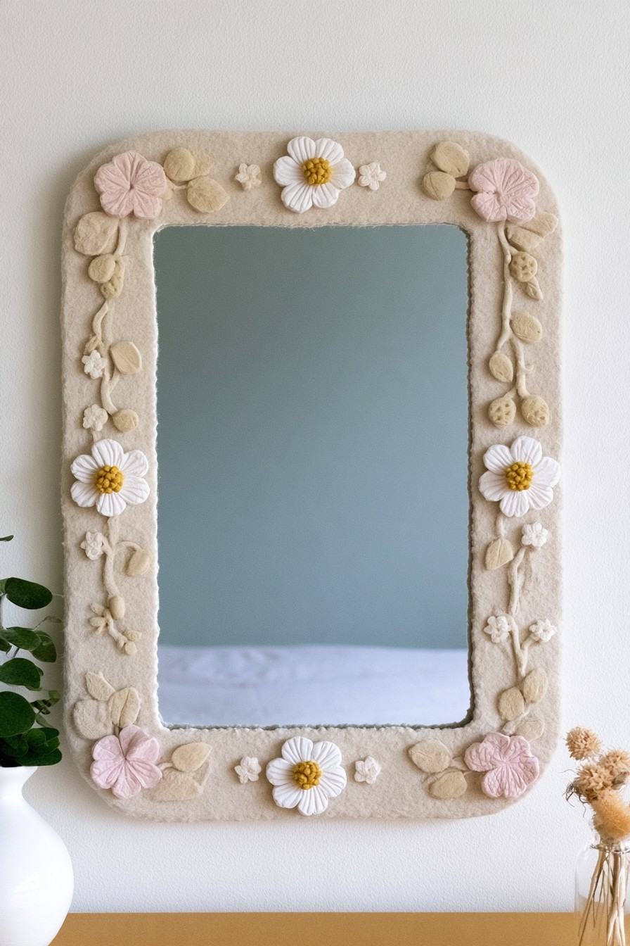 Botanical air dry clay mirror frame with flowers and leaves