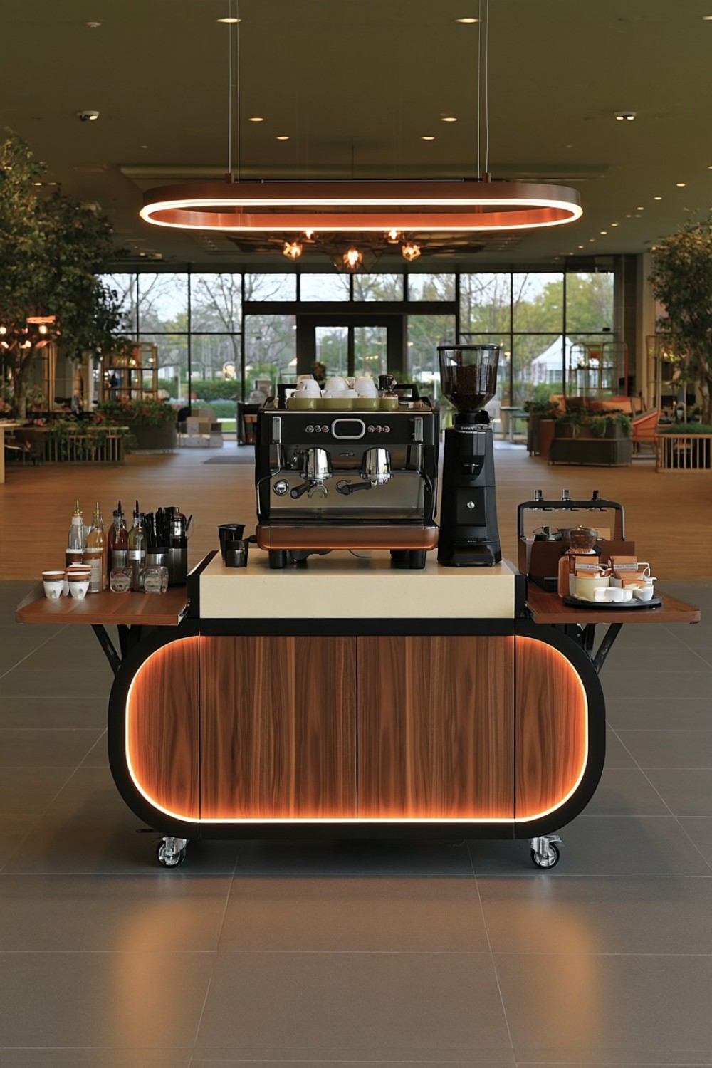 1. Warm Walnut Coffee Cart With Fold Out Side Counters