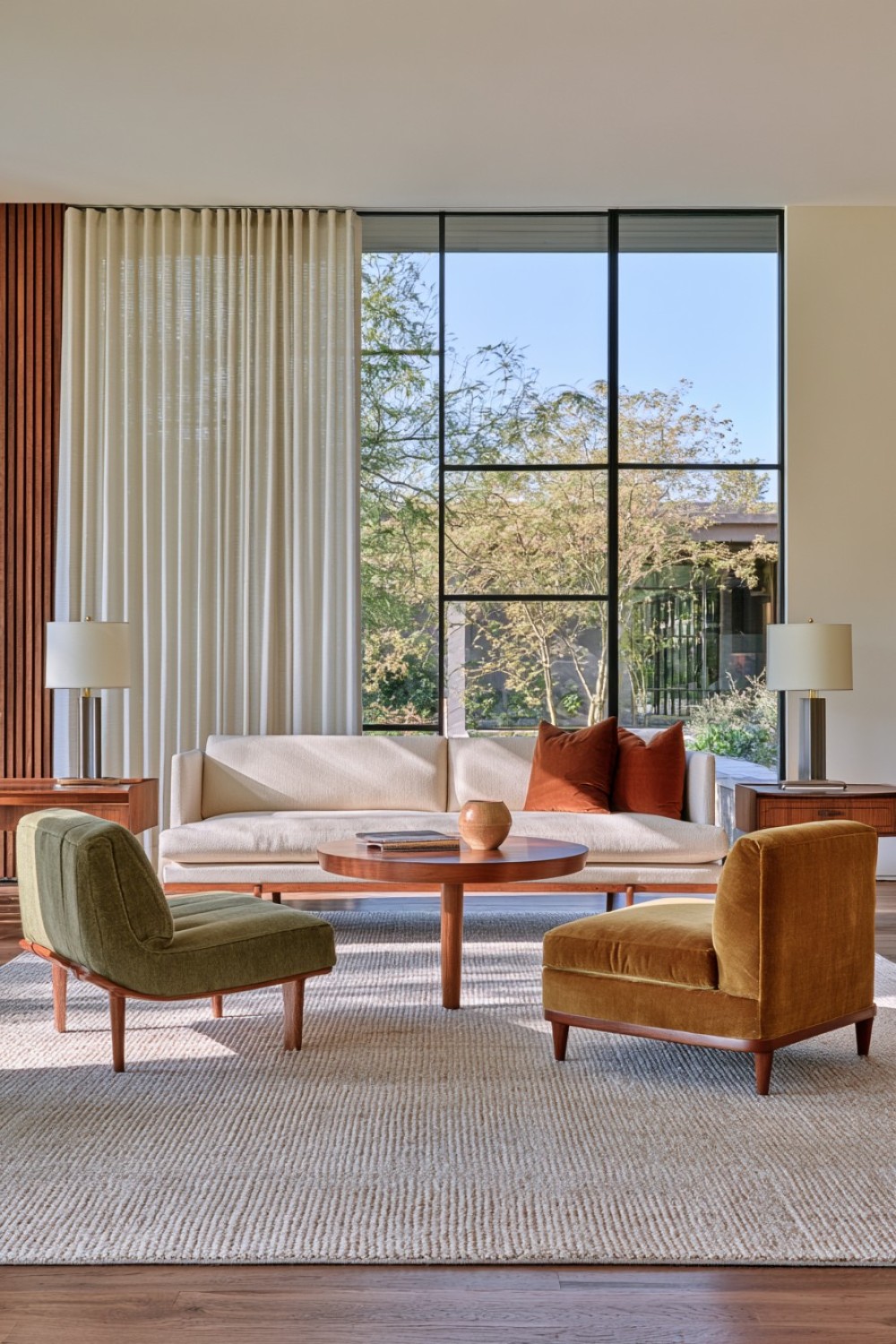 Mid-century living room arranged as a balanced conversation circle