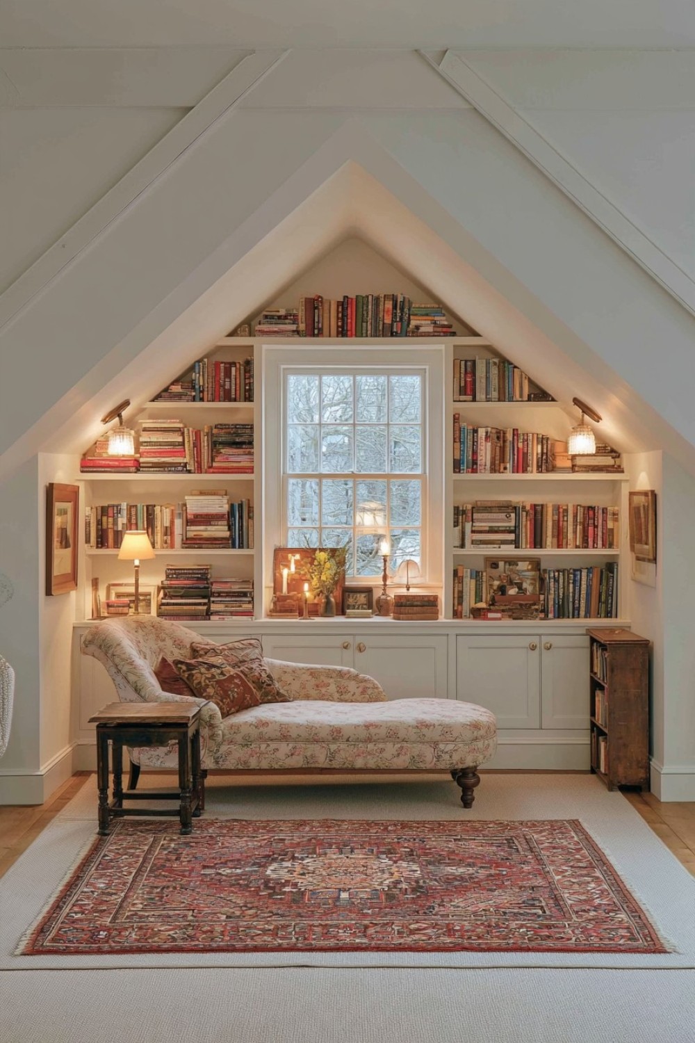 Vintage attic reading corner arranged around an upholstered chaise