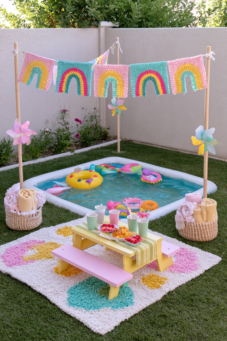 Backyard pool with rainbow bunting, towel baskets, and a low picnic table