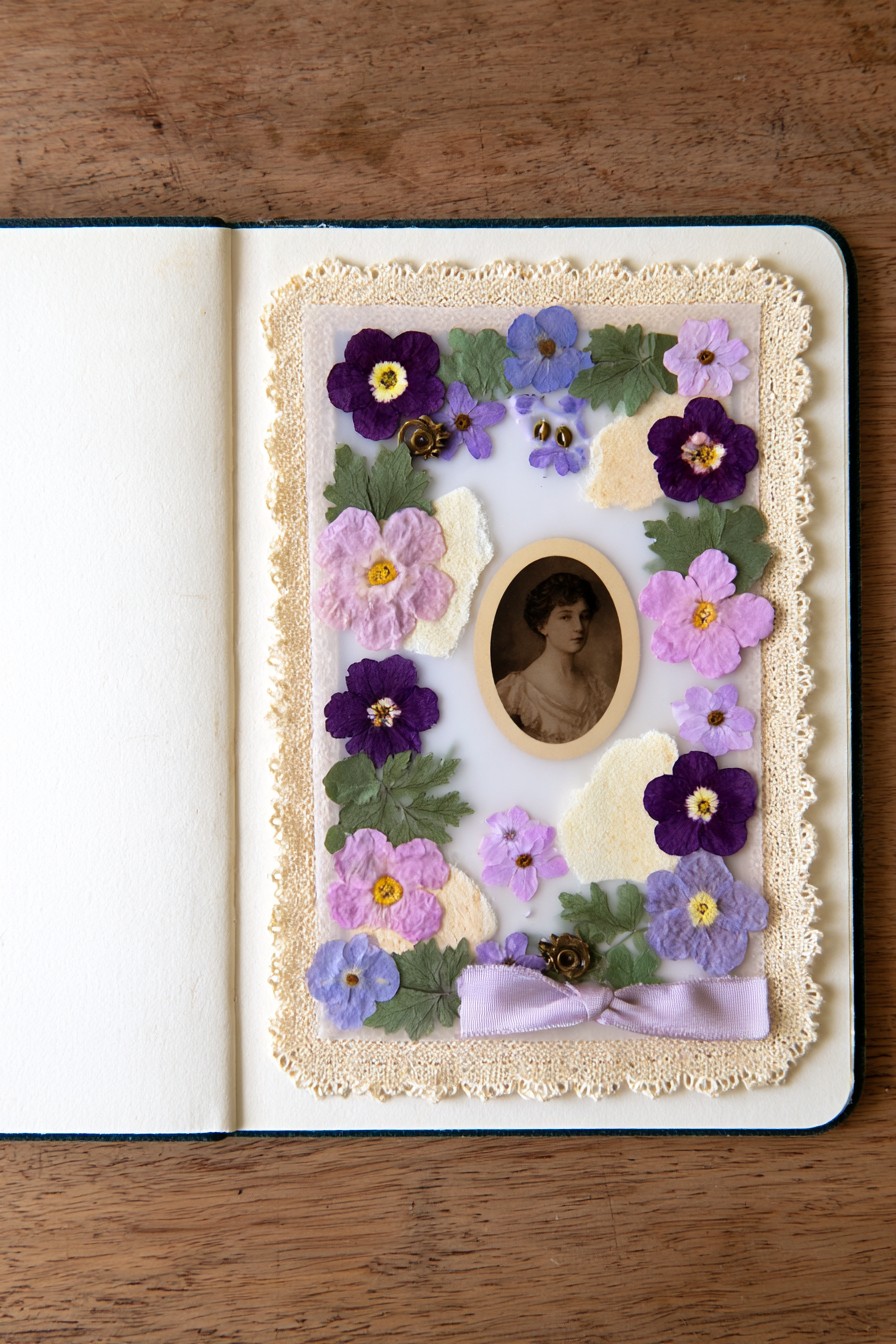 Pressed flower portrait frame with vintage lace
