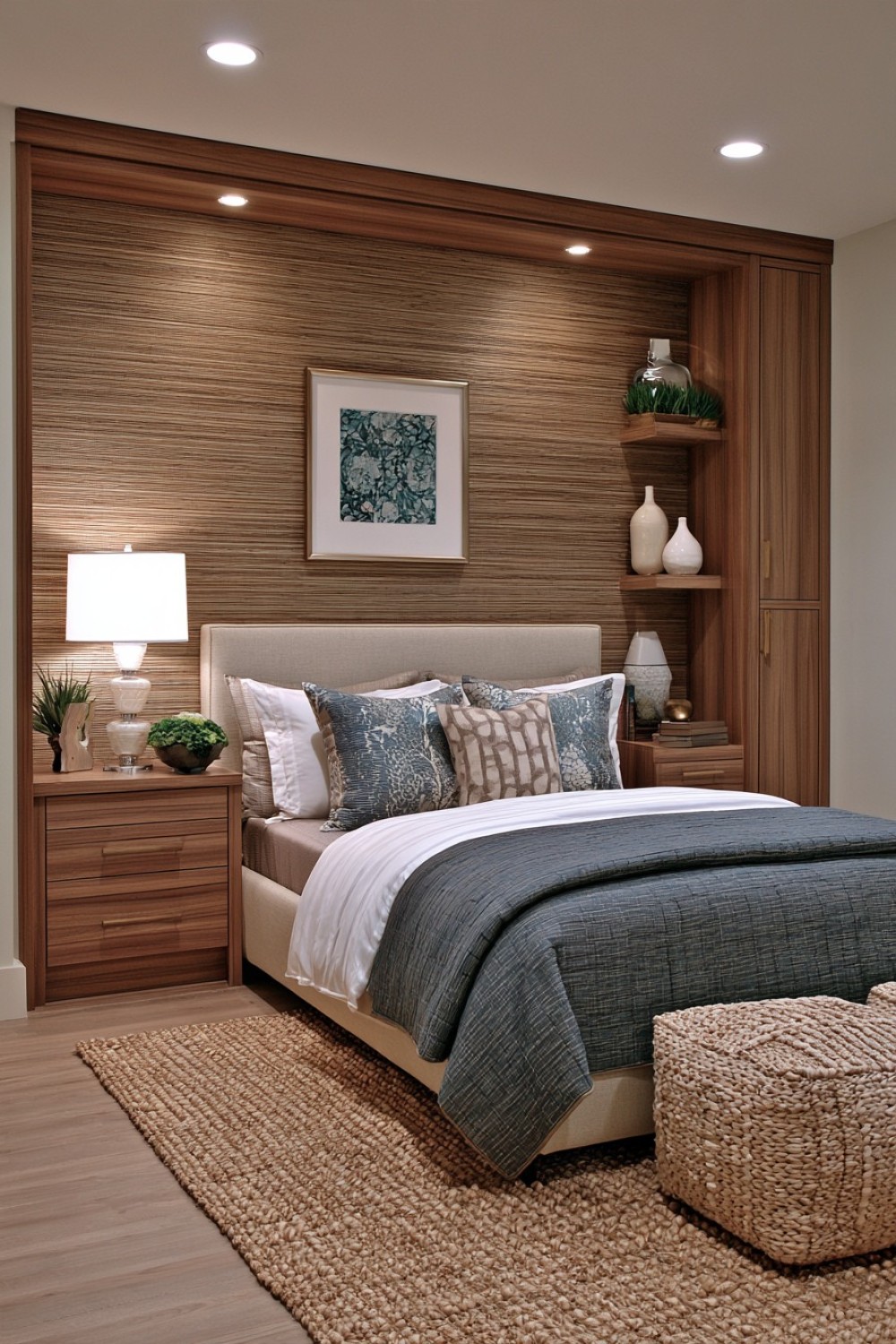 Shallow wardrobe wall providing storage in a basement guest room