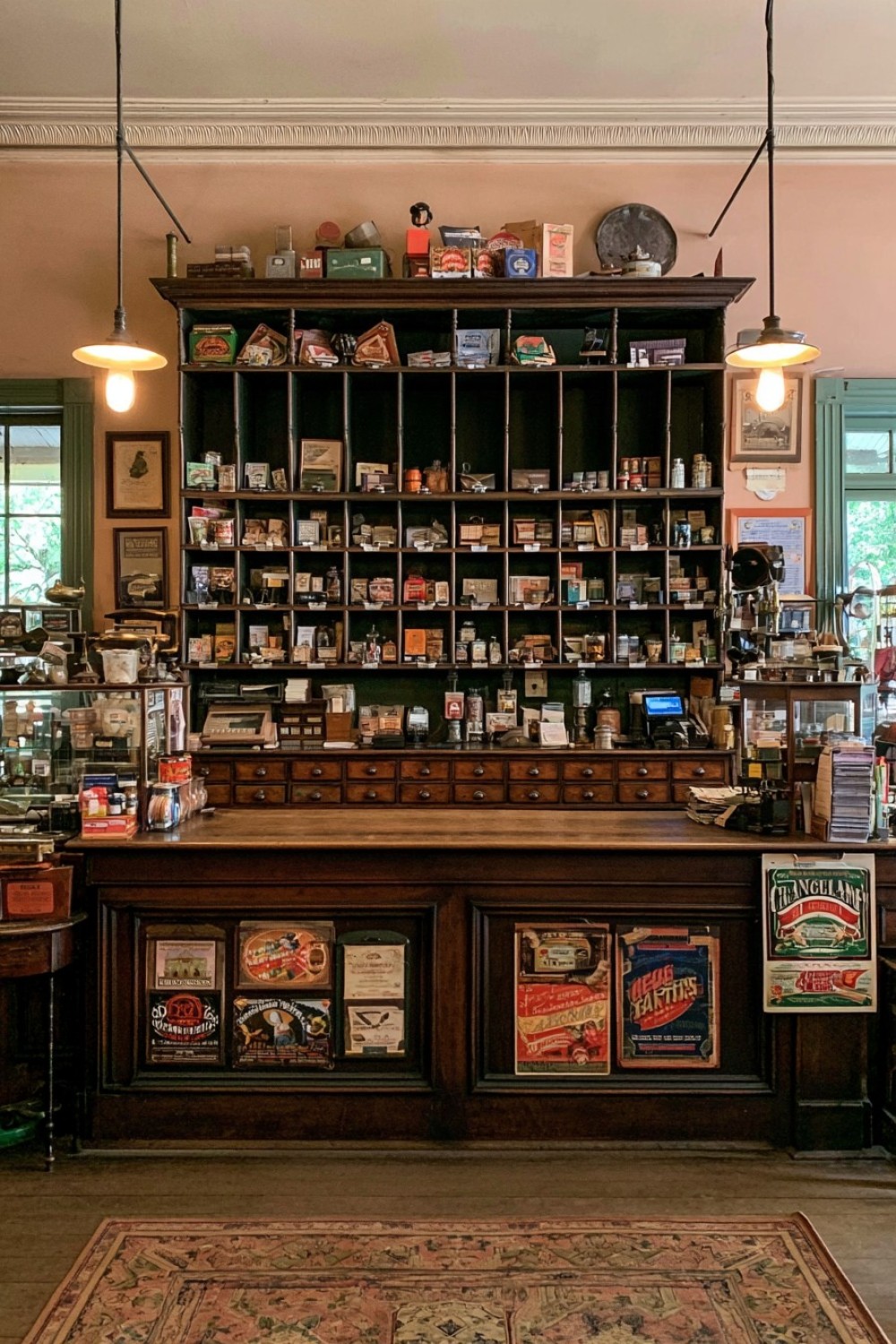 Traditional back counter with drawers and open retail storage cubbies
