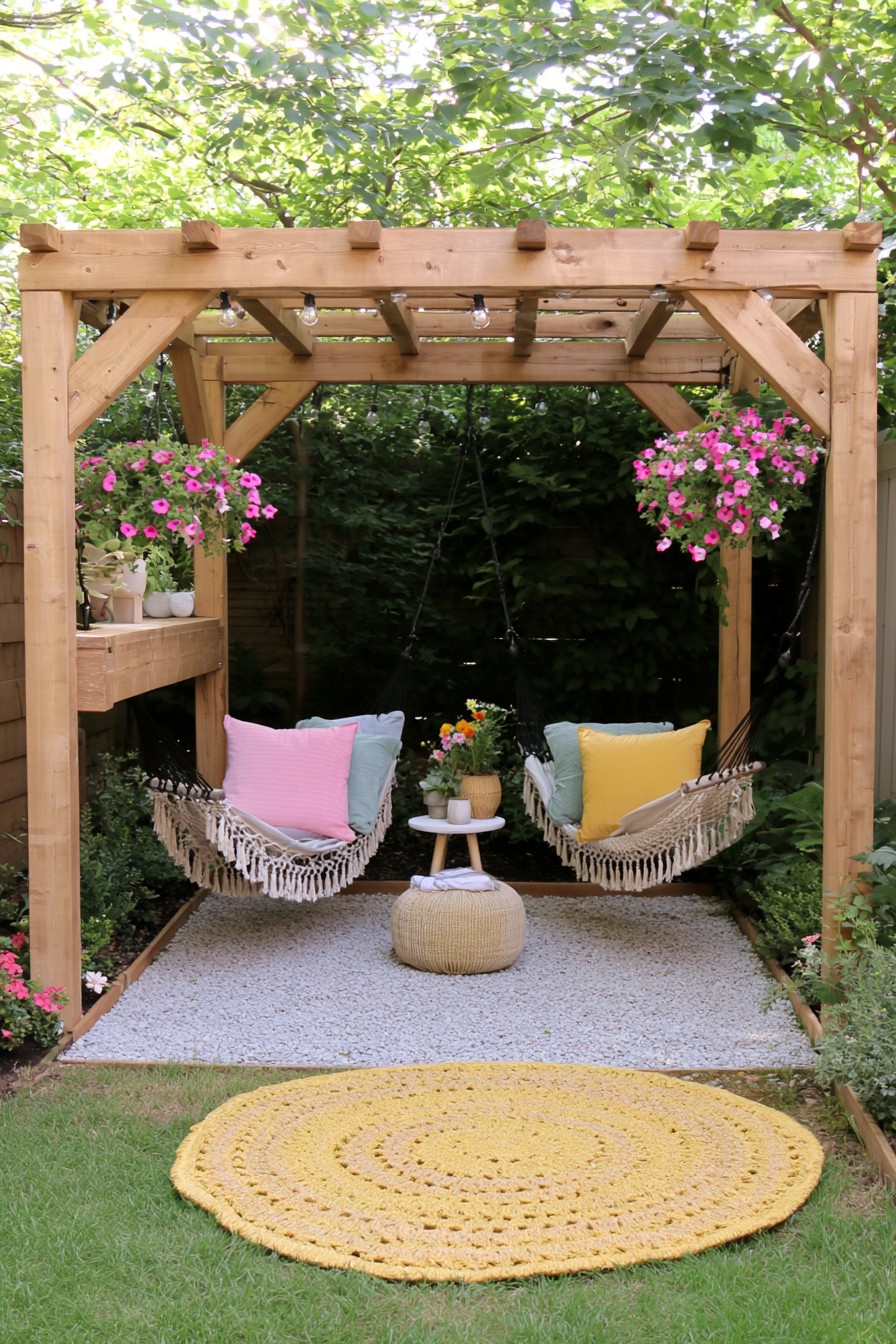Timber pergola supporting suspended outdoor seats