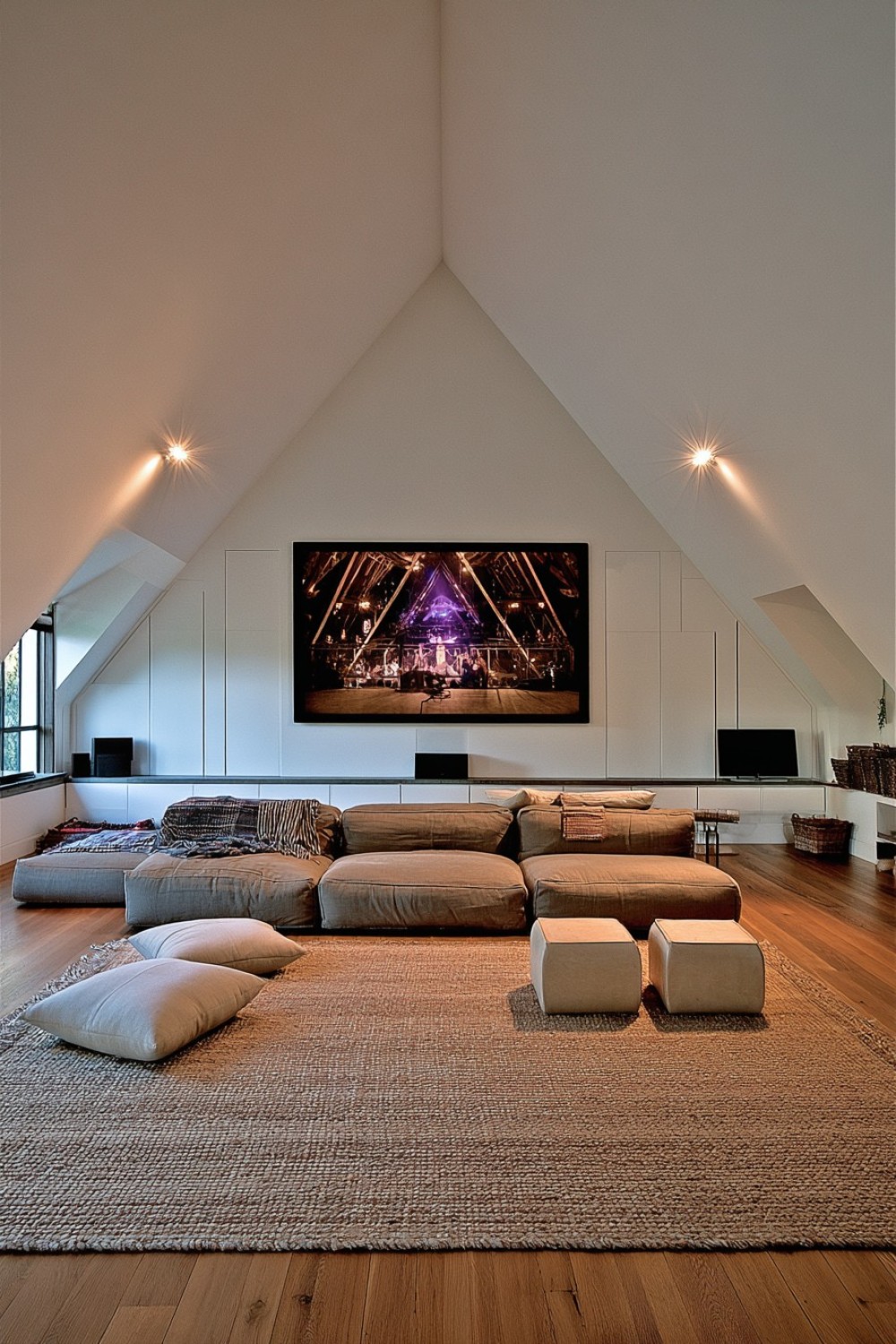 Attic movie lounge beneath the highest section of the roof
