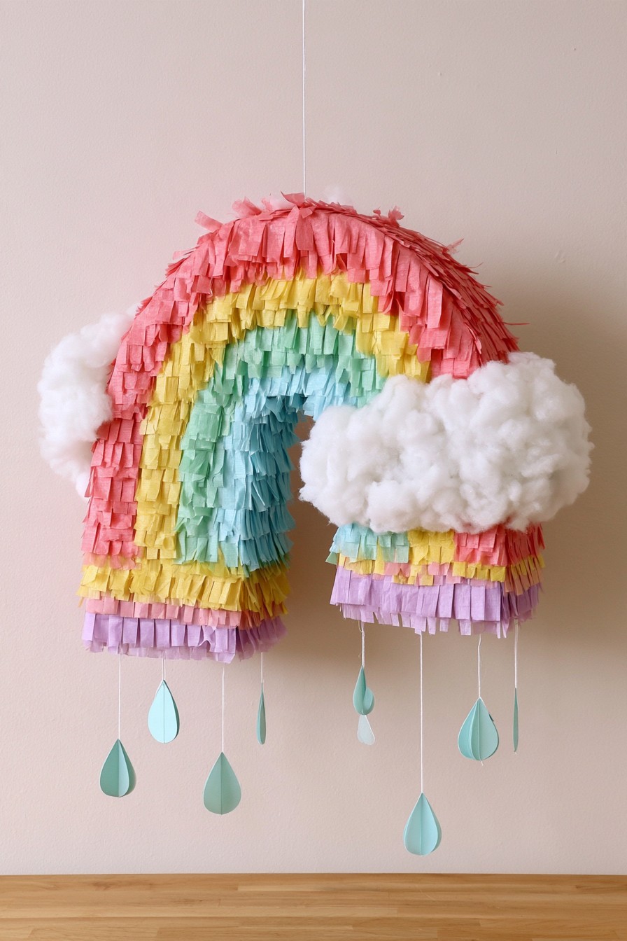 Pastel rainbow cloud piñata with tissue fringe and hanging raindrops