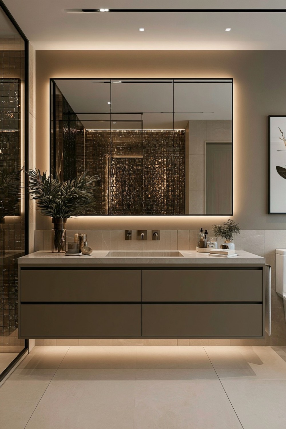 Contemporary bathroom combining matte and glossy surfaces in one color palette