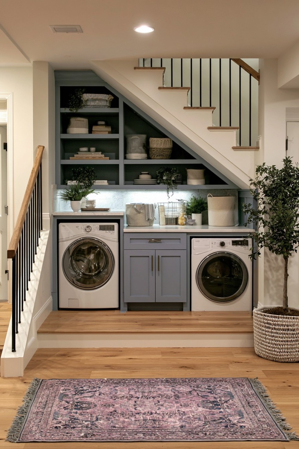 Compact laundry nook fitted beneath basement stairs