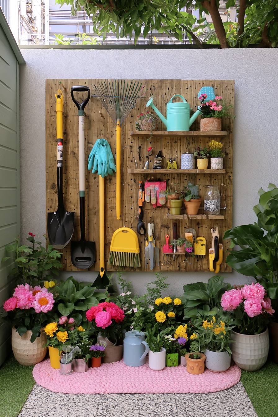 Wall-mounted station organizing garden tools