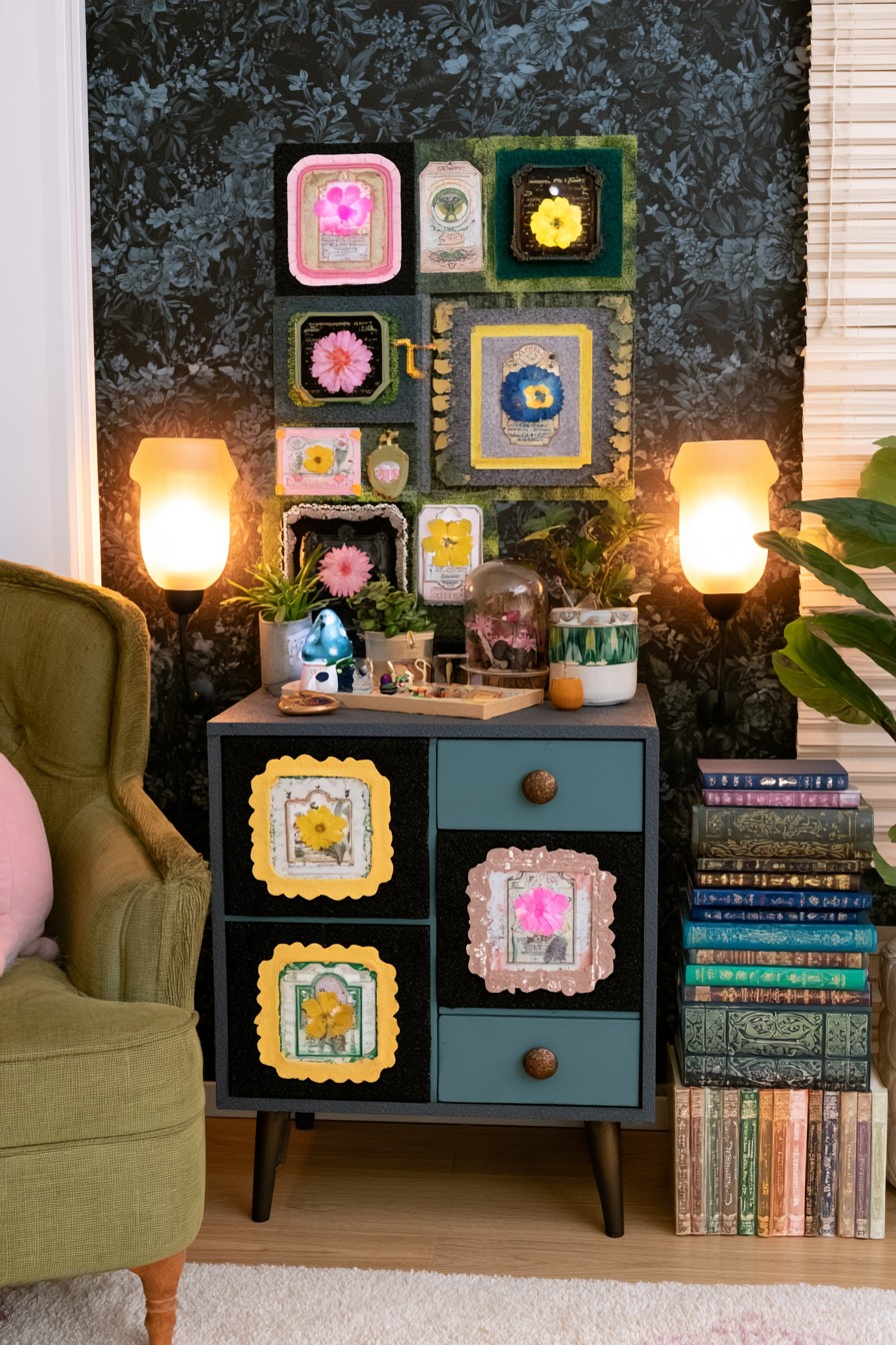 Color blocked drawer fronts with framed floral decorations