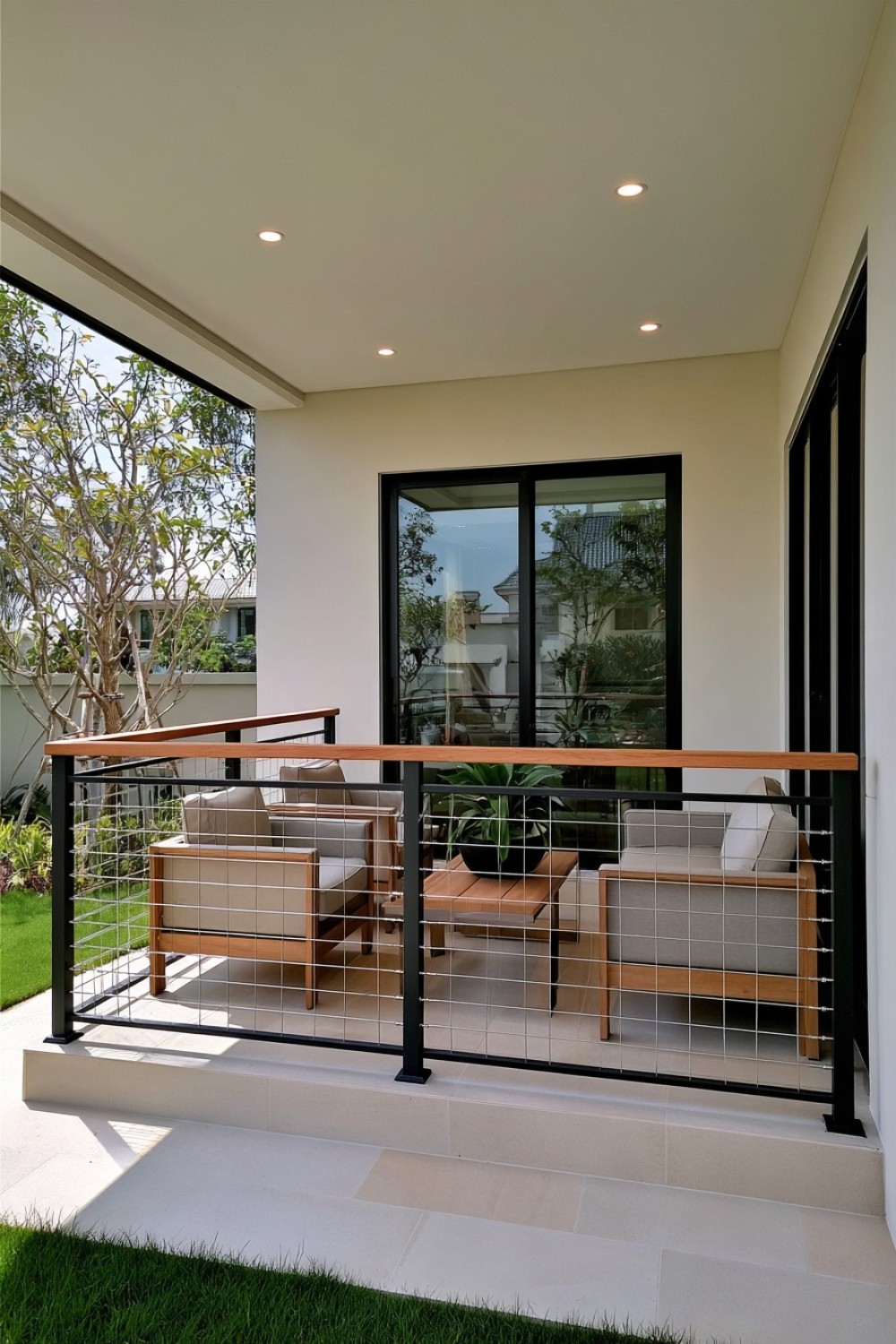 Vertical cable balcony railing finished with a natural wood handrail
