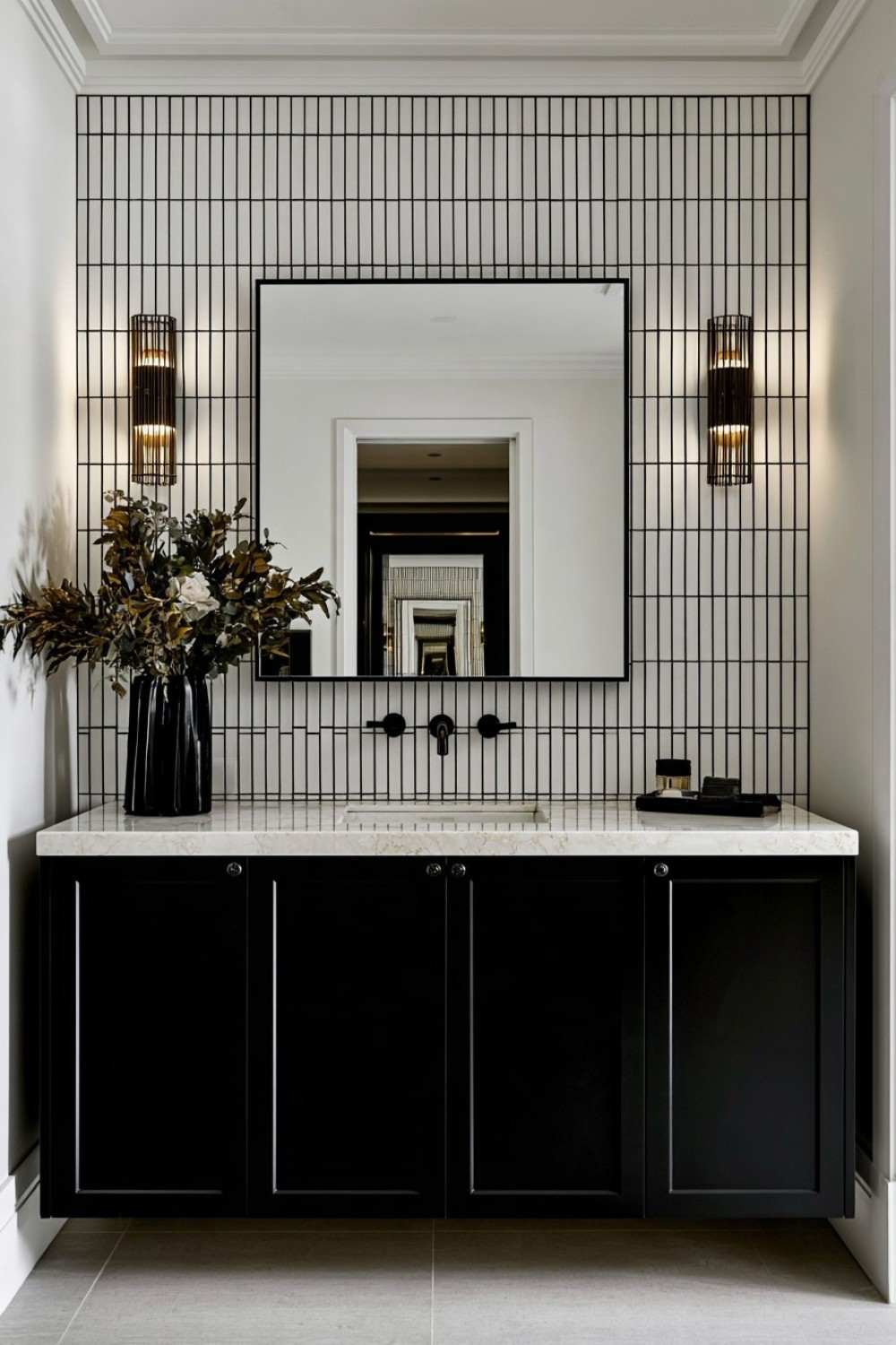 Black bathroom vanity positioned against vertical white tiles