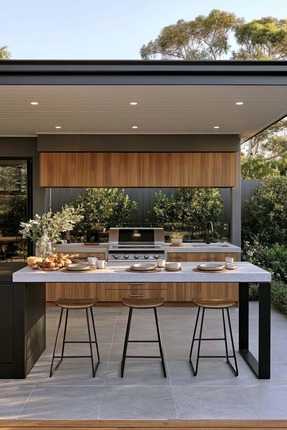 Outdoor kitchen breakfast counter oriented toward the garden