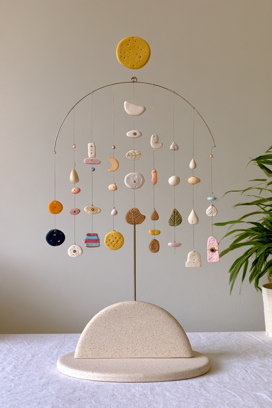 Tabletop mobile with hanging air dry clay botanical charms