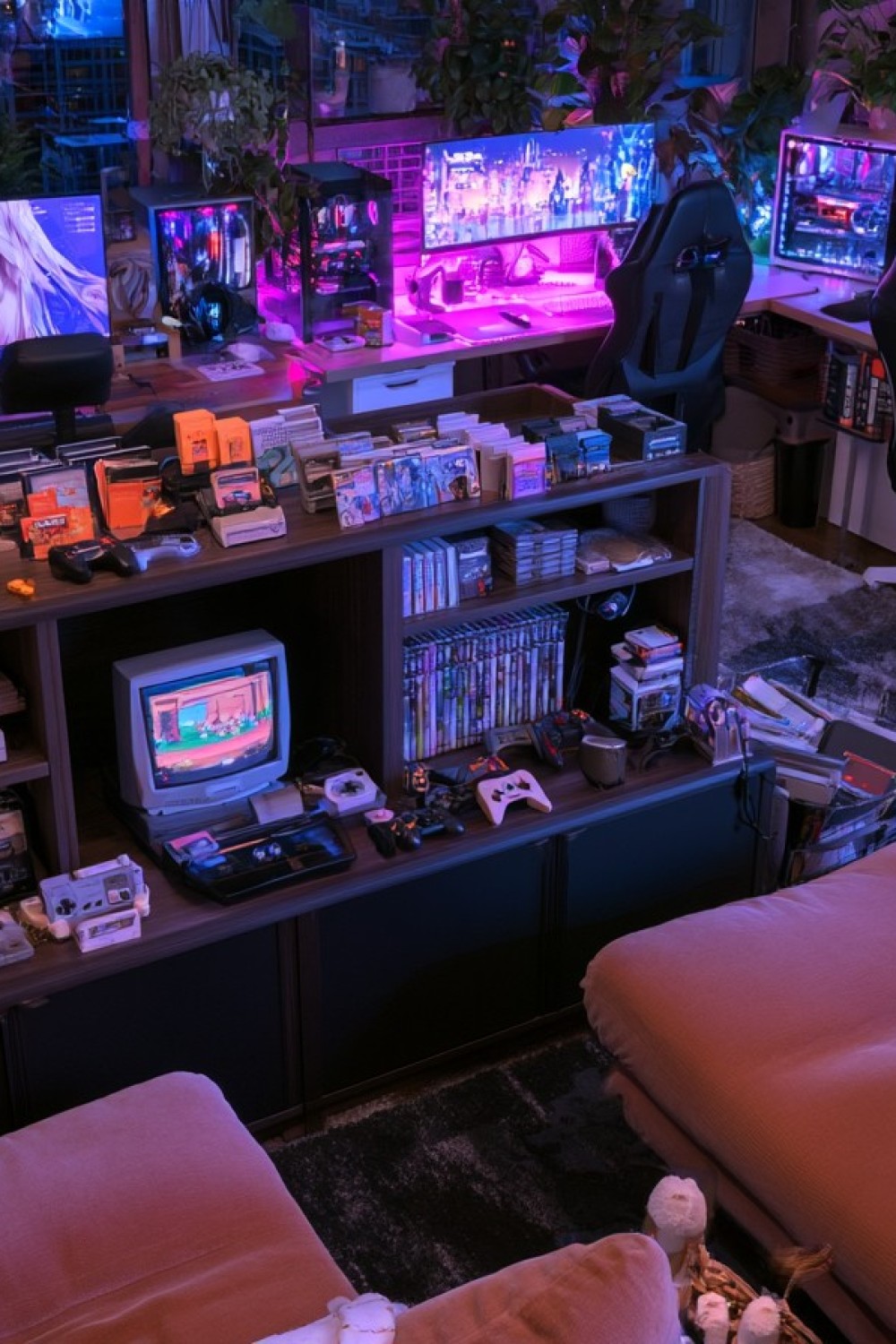Compact retro gaming corner within a shared gaming room