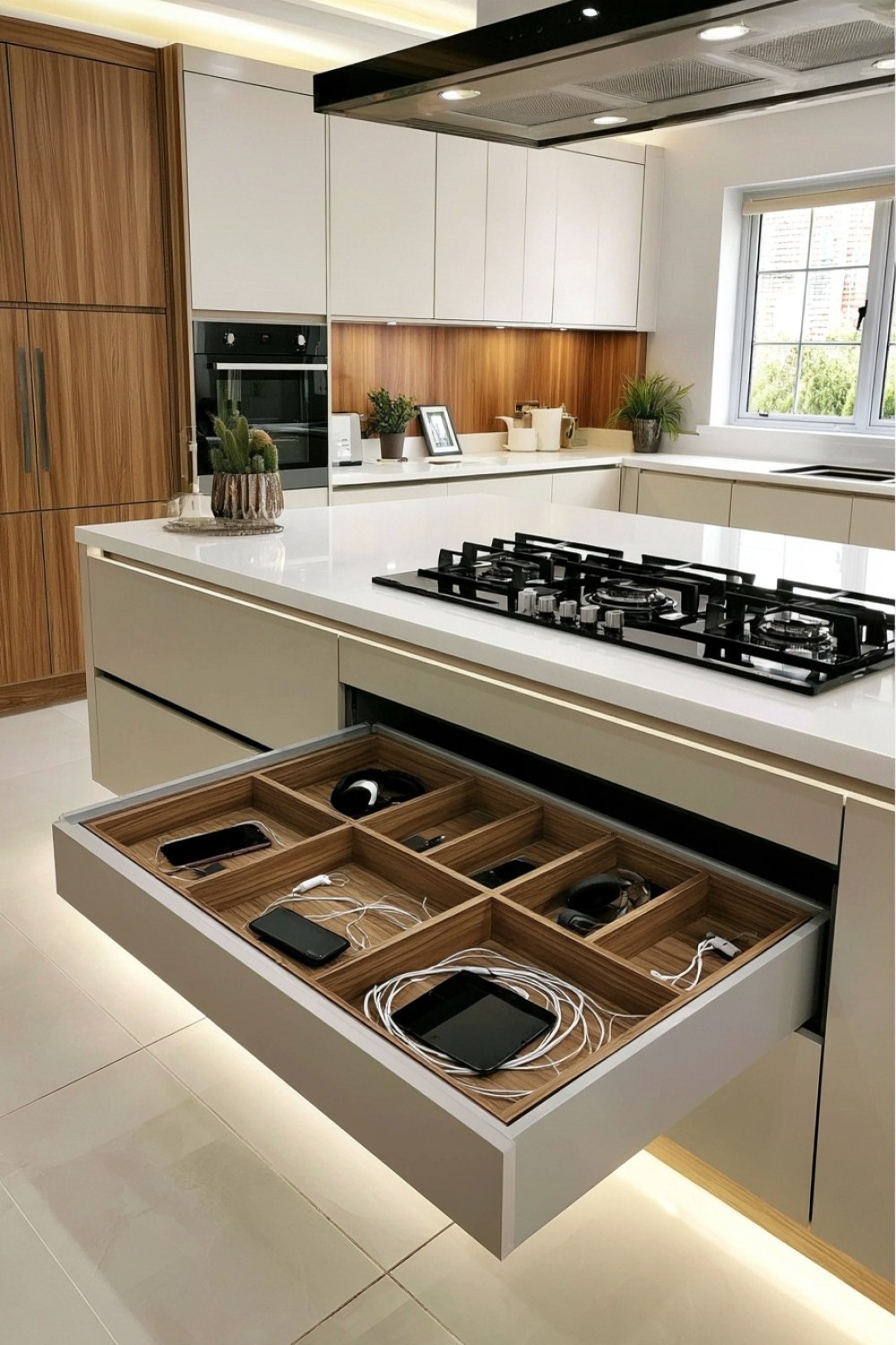 Kitchen drawer designed as an organized charging station