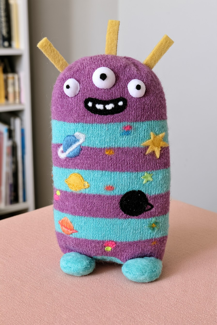 Purple and turquoise striped alien character with three eyes, soft yellow antennae and planet details