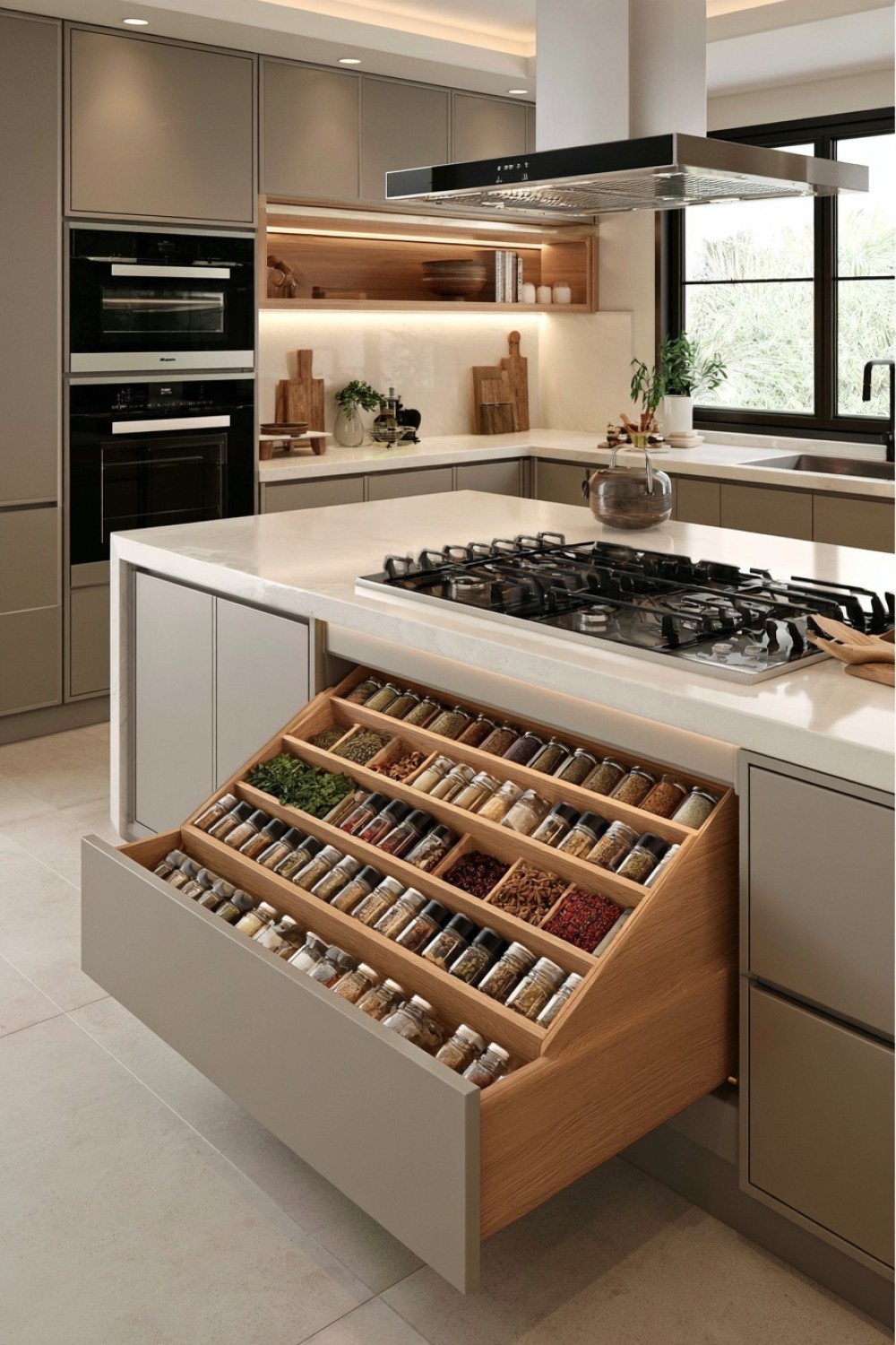 Tiered kitchen spice drawer with clearly visible jar labels