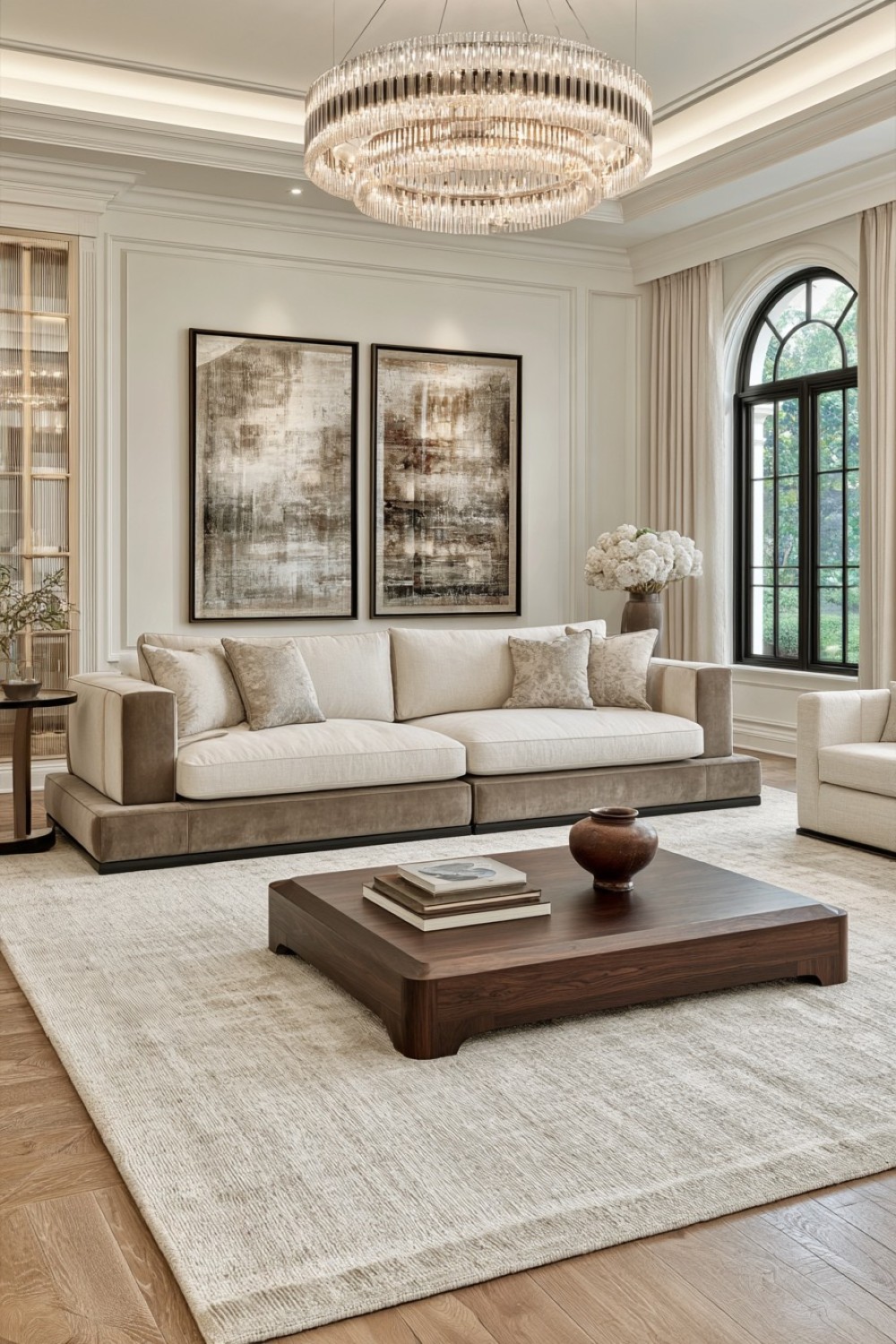 Two-tone upholstered sofa creating a custom living room focal point