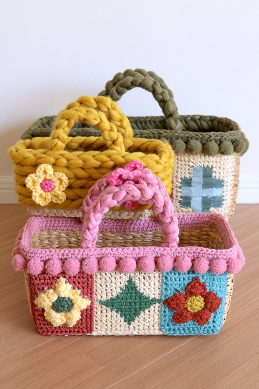 Woven storage baskets with colorful crochet decoration