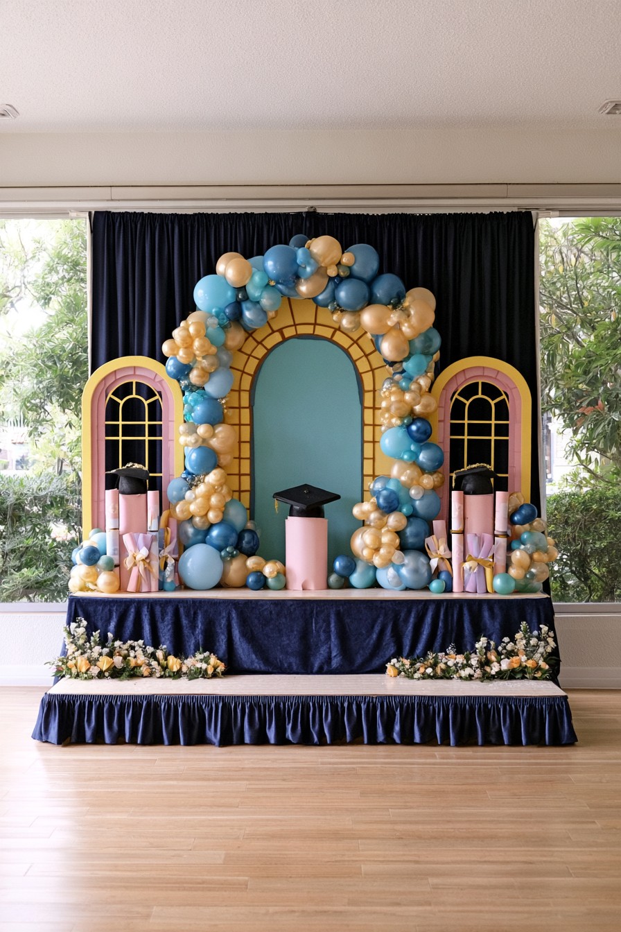 Graduation stage with balloon framed arch