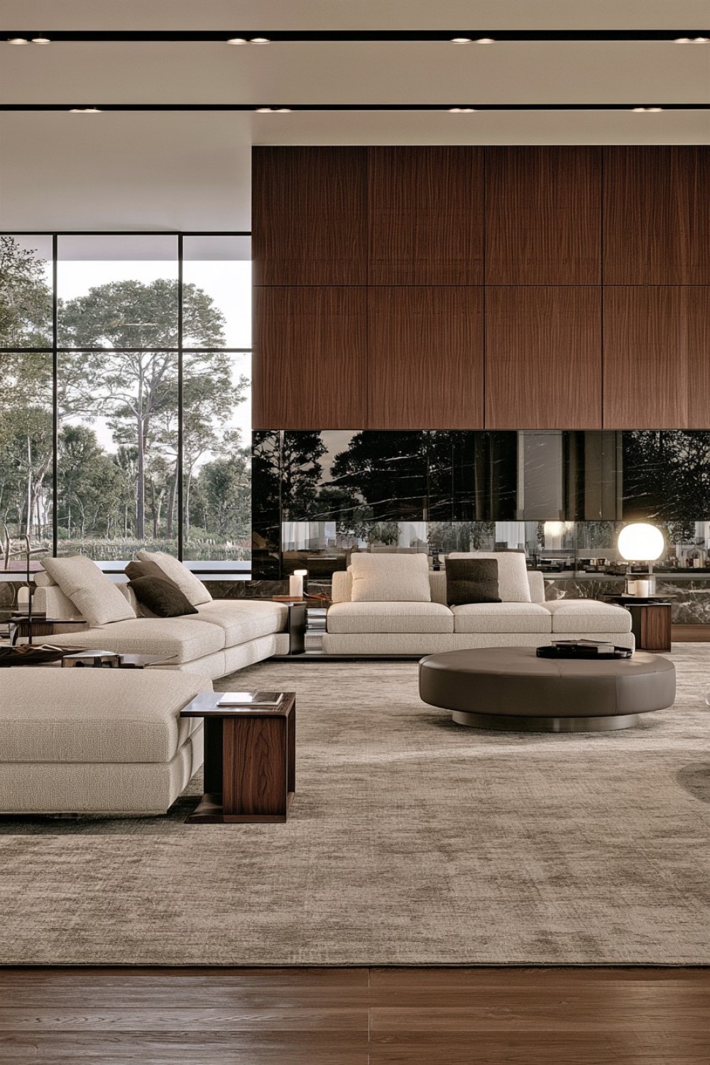 Modular sofa dividing an open living room into separate seating zones