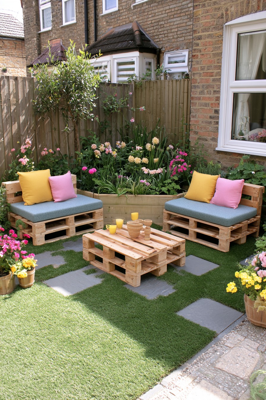 Two separate pallet benches arranged around a central garden table