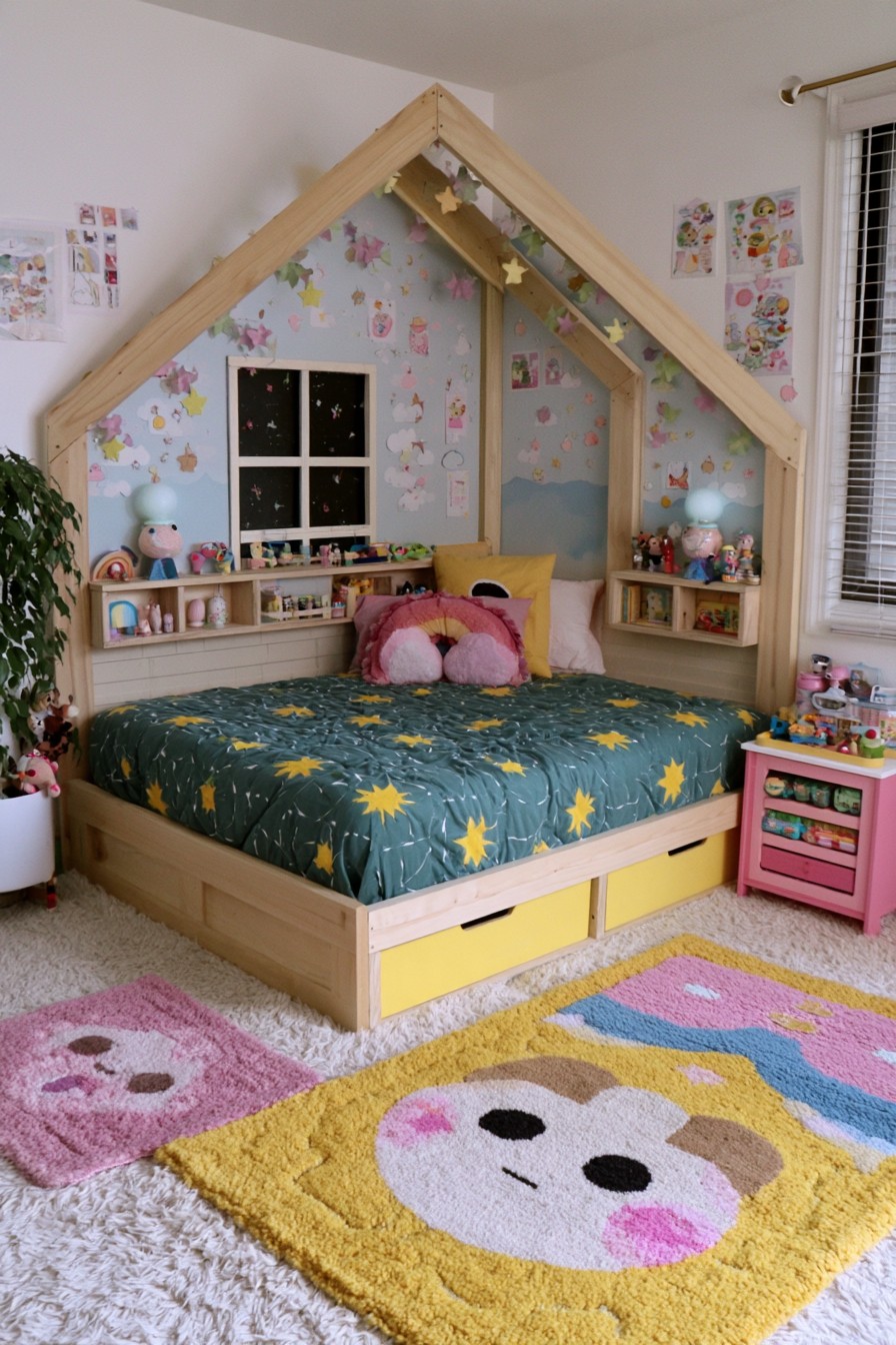 Low timber bed with yellow drawer fronts beneath a peaked house wall frame and small bedside shelves