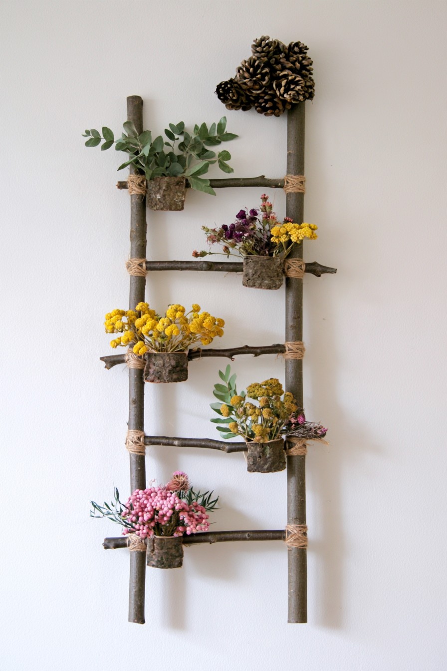 Rustic branch ladder display with small bark-covered holders for dried botanicals