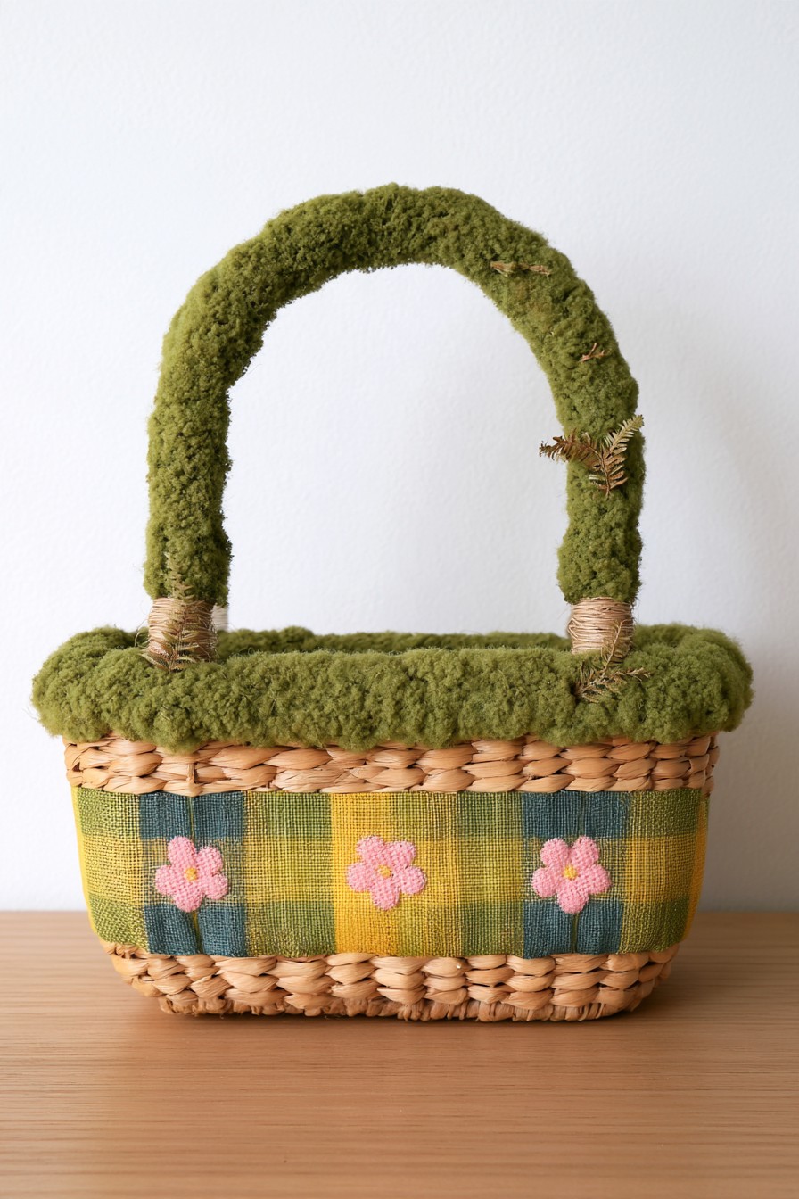 Woven basket with a checked floral band and moss covered rim and handle