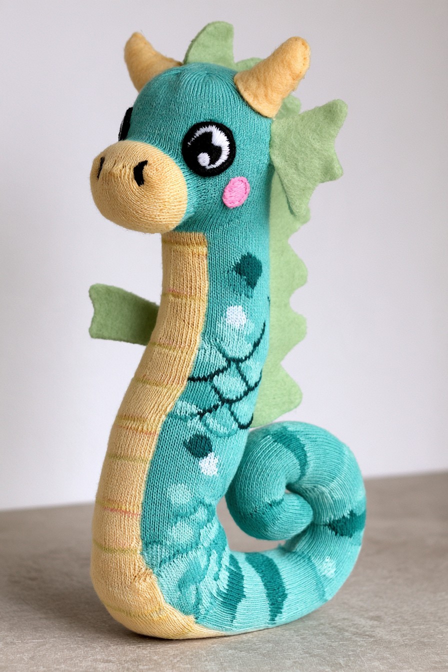 Turquoise seahorse dragon character with a yellow front panel, green fins and a curled tail
