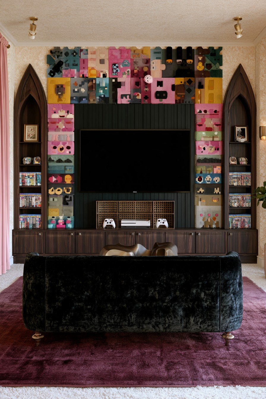 Black sofa facing a dark television panel with pointed side bookcases and colorful patchwork wall details