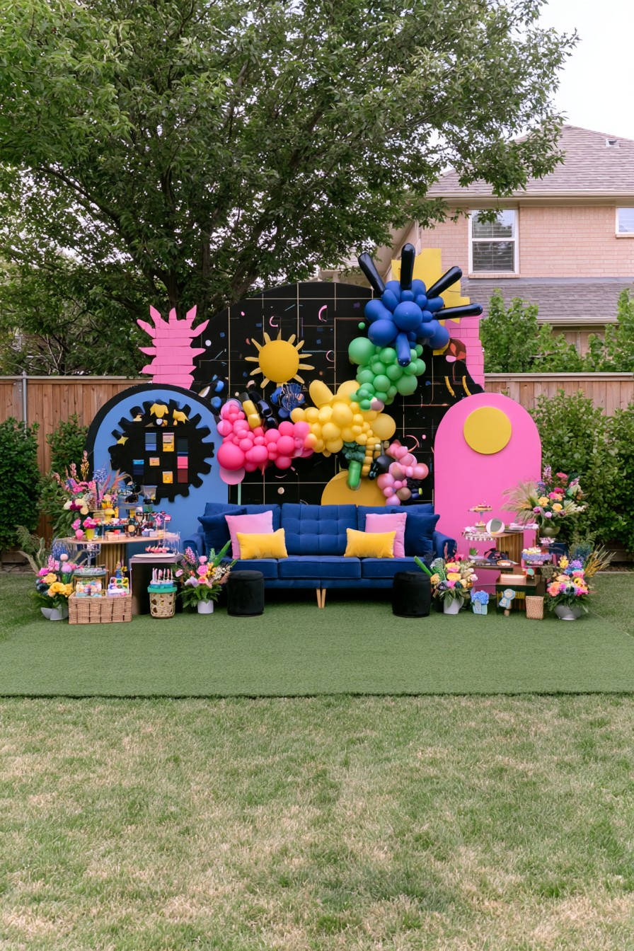 Colorful graduation lounge with graphic decor