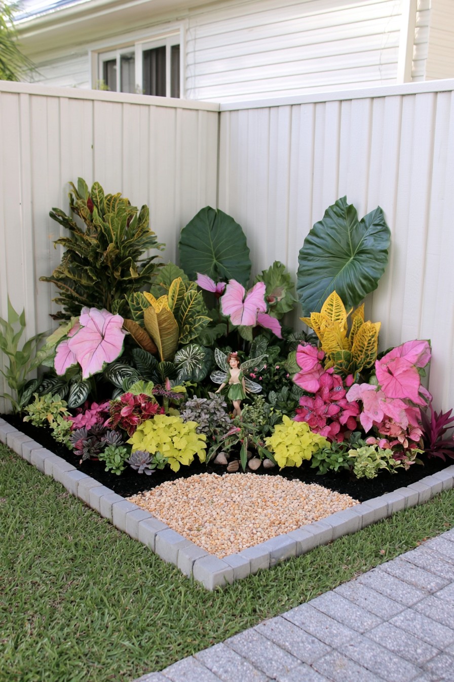 White fence corner planted with large green leaves and lower pink and yellow foliage