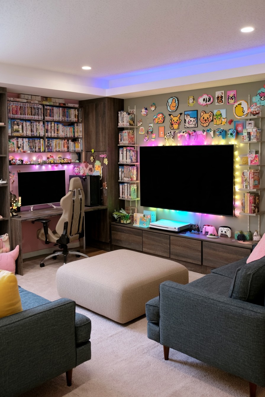 Collector room with extensive game shelves, a separate PC desk, two charcoal lounge chairs, and a large cream ottoman