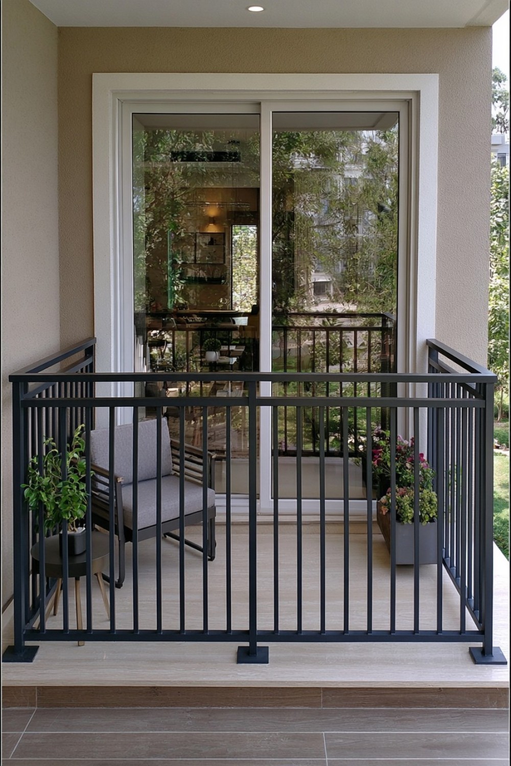Slim vertical metal balcony railing with closely controlled spacing