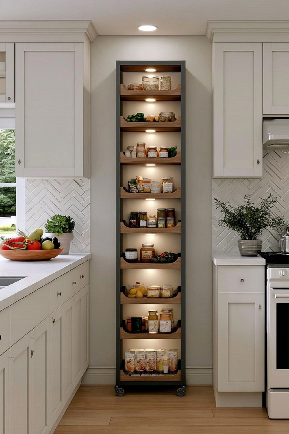 Rolling pantry cart providing flexible storage in a kitchen