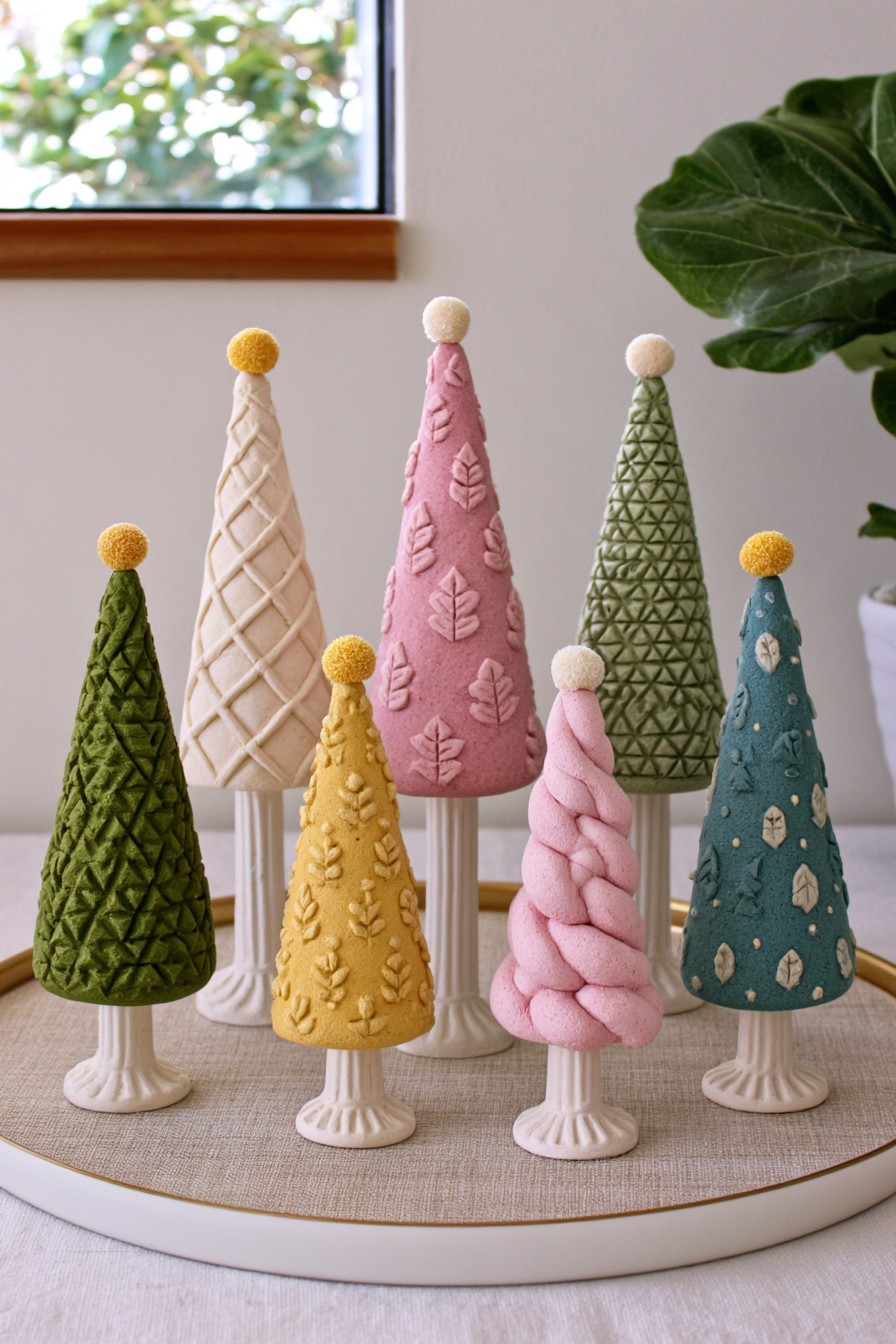 Colorful textured air dry clay cone tree decorations