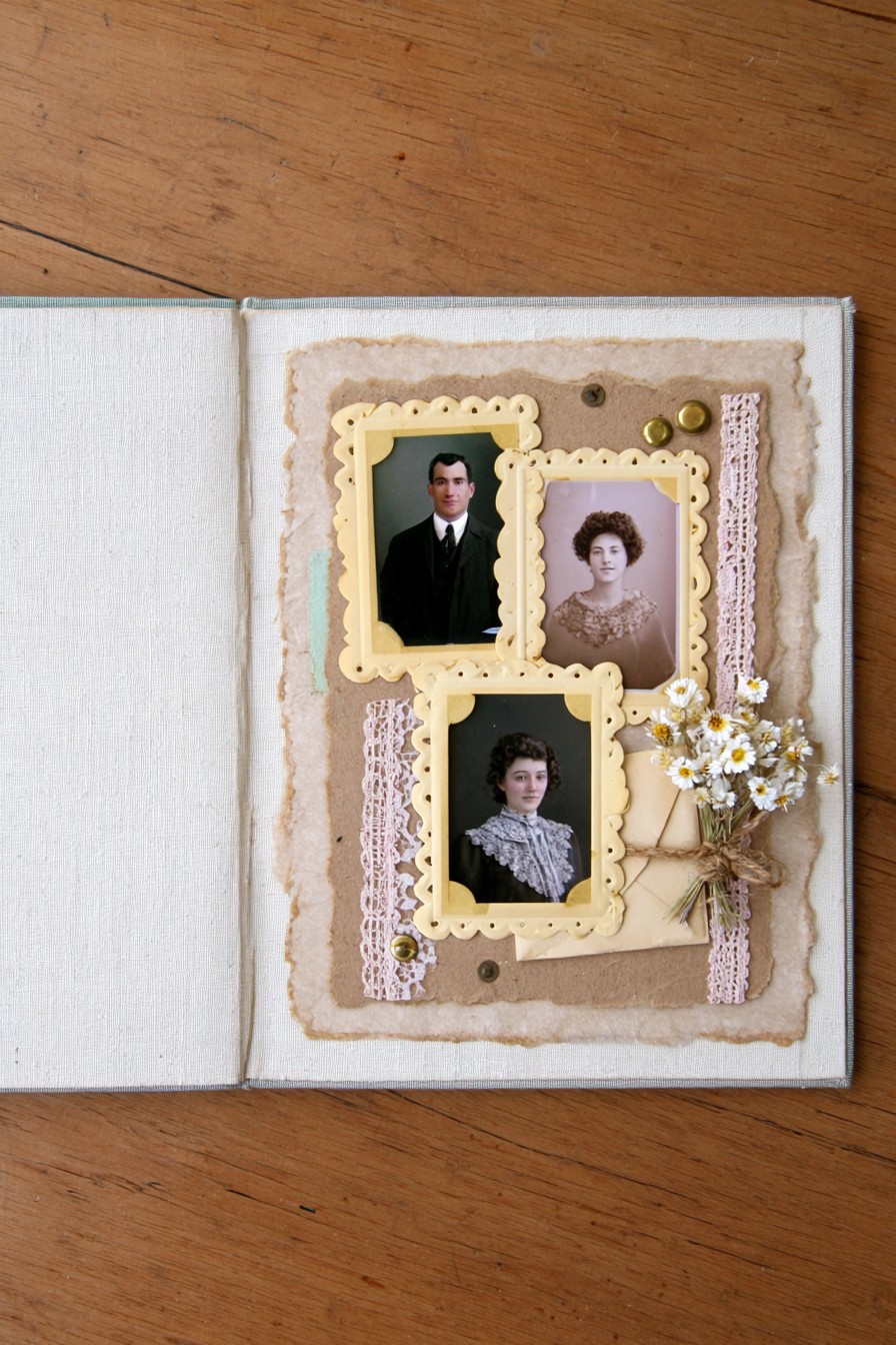 Framed vintage portraits with lace and dried flowers