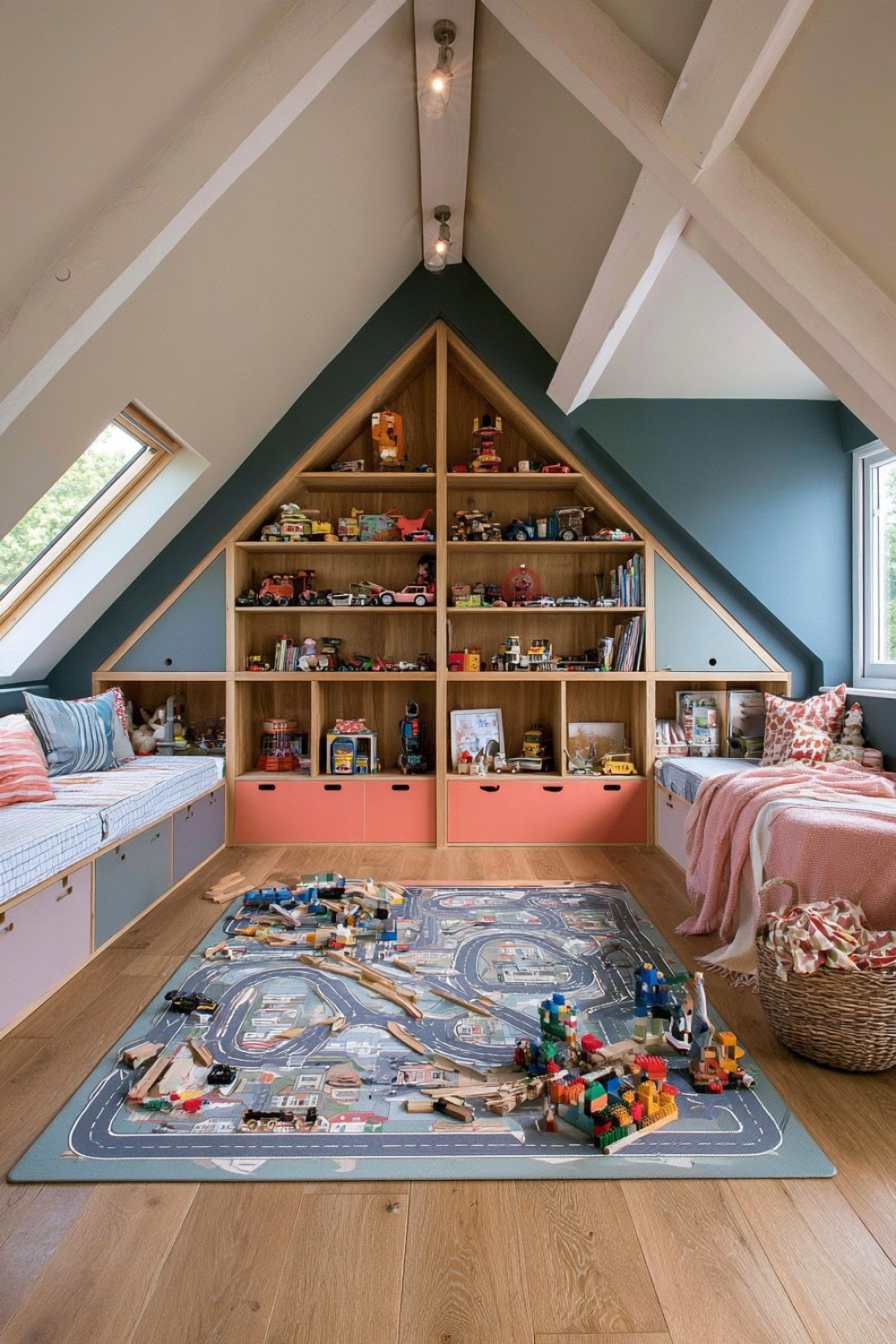 Low attic toy garage with accessible storage beneath the roofline